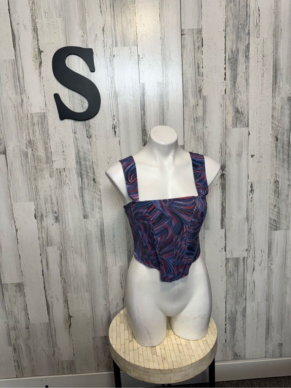 Forever 21 Abstract Swirl Print Corset Crop Top Womens S Blue Pink Smocked